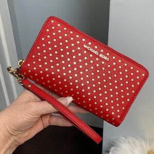 Authentic Michael Kors red leather and gold dot zippy wallet wristlet